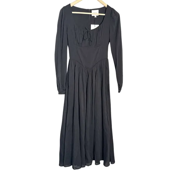 Reformation Oria Organic Cotton Long Sleeve Shirred V-Waist Scoop Midi Dress 0 - Image 5