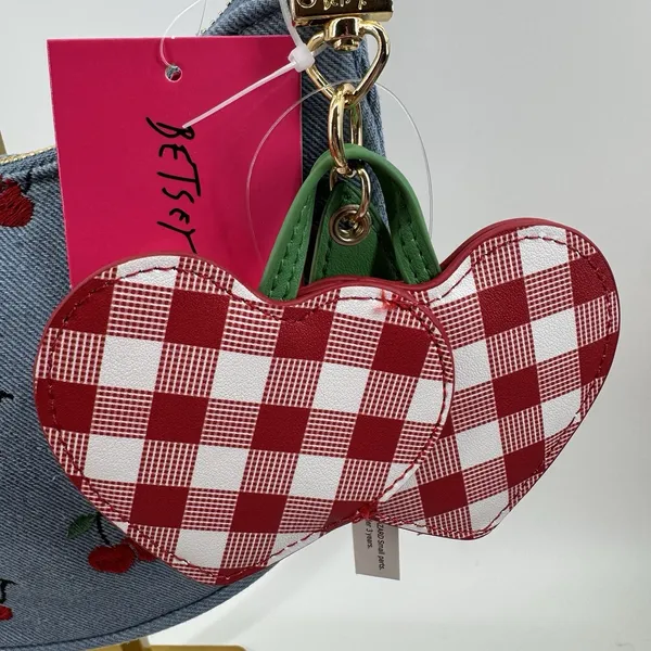 Betsey Johnson Denim Cherry Embroidered Heart Charm Gingham Shoulder Bag NWT - Image 4
