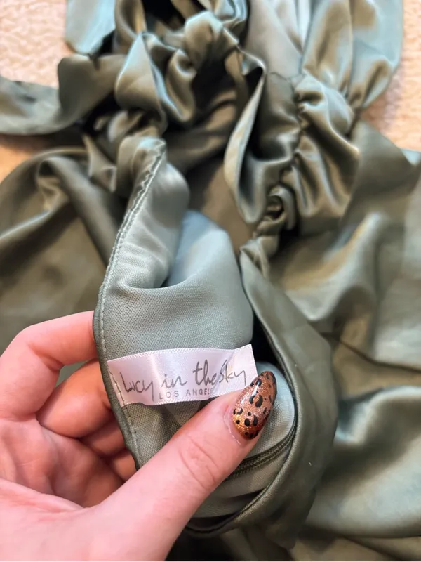 Lucy in the Sky Olive Green Satin Halter Mini Dress - Image 5