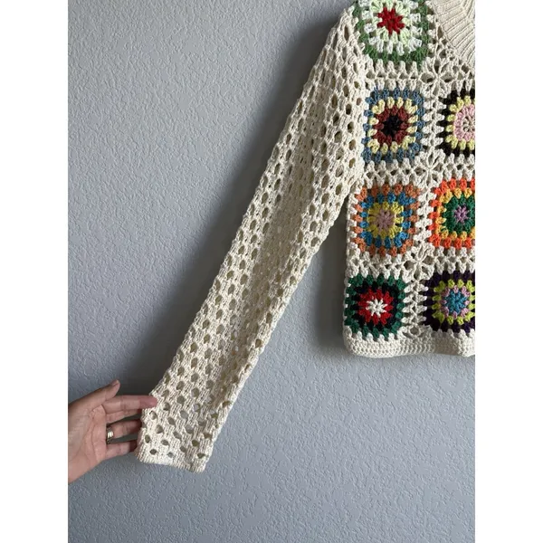 Luna Ivy Crochet Sweater Crop Granny Knit Top Cottagecore Boho Patchwork Small - Image 5