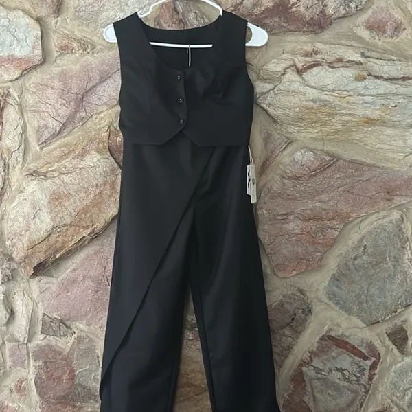 Commense Solid Asymmetrical Straight Leg Pants Set size small Black - Image 3