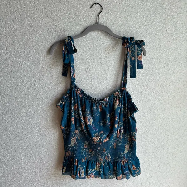 💙Natural Life Eloise Teal Blue Floral Smocked Tie Strap Tank Top - Image 2