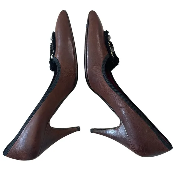 Prada Vintage Brown Leather Studded Grommet Bow Pumps Pointed Toe IT40 9.5 - Image 6