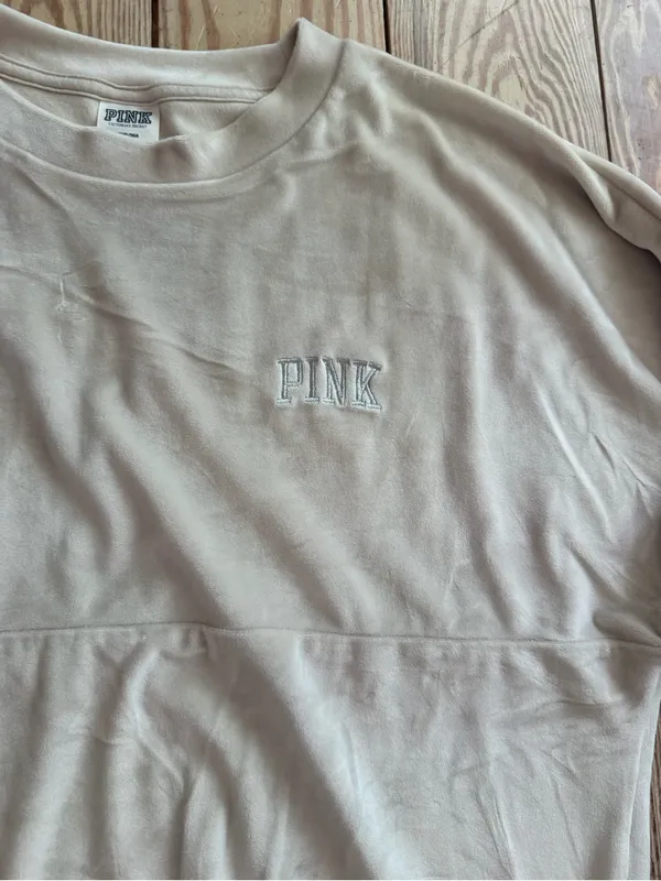 Victoria's Secret PINK Beige Velour Crewneck Sweatshirt Size M - Image 2