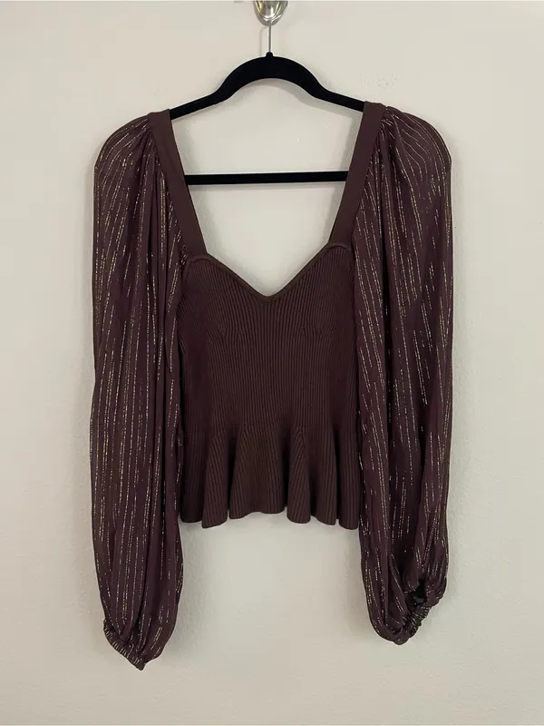 Anthropologie‎ Bl-nk Peplum Twofer Sweater Top Balloon Sleeves Brown Size Small - Image 3