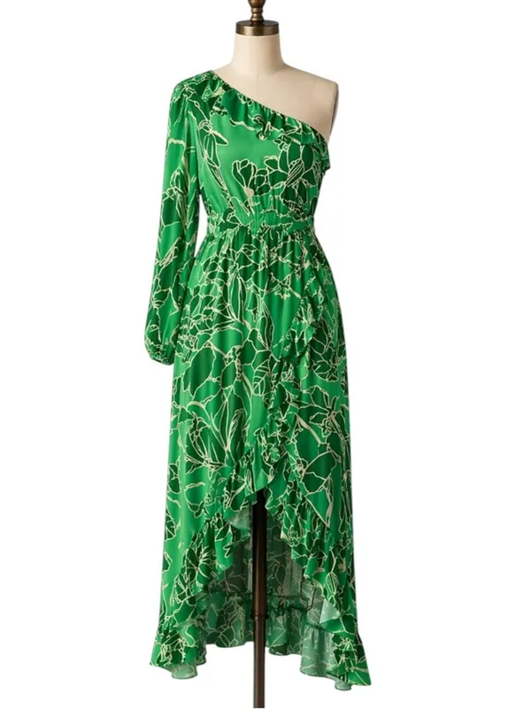 FARM Rio Tropical Green One-Shoulder Ruffle Midi Dress Size XS - Image 5