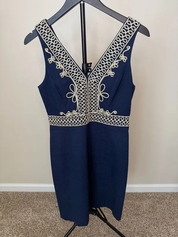 Lilly Pulitzer Navy Blue‎ Gold Embroidered Silk Dress Size 6 - Image 2
