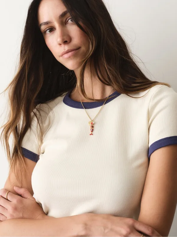 Marine Layer Lexi Rib Ringer Tee Cream & Bay Blue Size Large - Image 3
