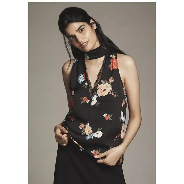 Anthropologie Black Floral Silky Halter Tank Lace Trim Sz XL Boho Romance NEW - Image 3