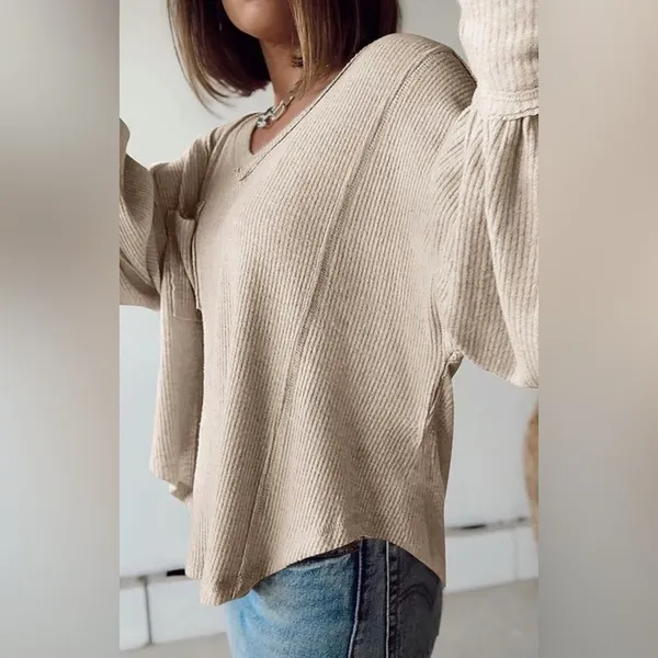 NWT BTFBM Casual V Neck Ribbed Knitted Shirts Loose Balloon Sleeve Top Size M - Image 4