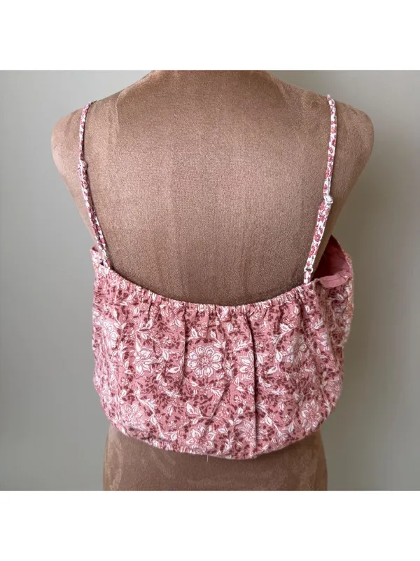 American Eagle Linen Blend Cropped Tank Top Women Medium Pink Orange Floral Boho - Image 2