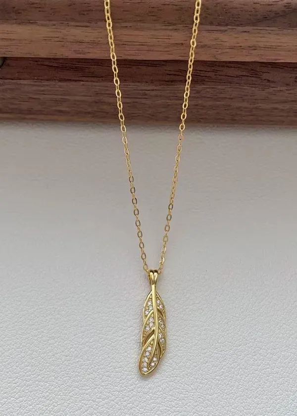 Boutique Pavé Feather Pendant Necklace • 18K Gold Vermeil Cable Chain Sterling Silver 925 - Image 2