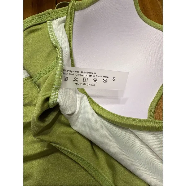 Olive green one piece swimsuit gold tone metal accents size small - Image 5