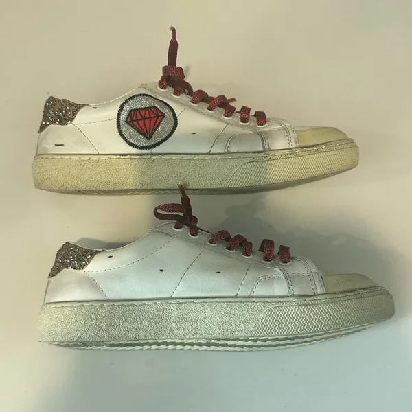 Saint Laurent Paris White Leather Glitter Diamond Patch Low Top Sneakers Size 36 - Image 5