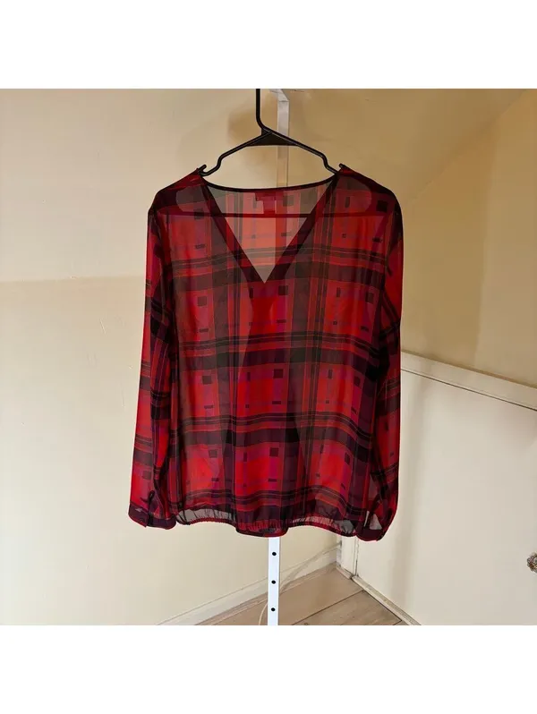 Loft EUC Women's Sheer Red Plaid Faux Wrap Blouse Size L - Image 4