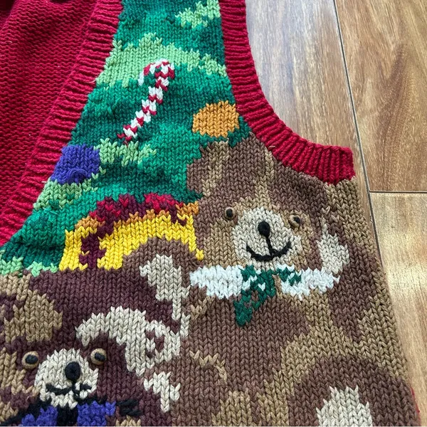 Vintage Handknit Lecomte Red Christmas Sweater Vest Women Size M Holiday - Image 3