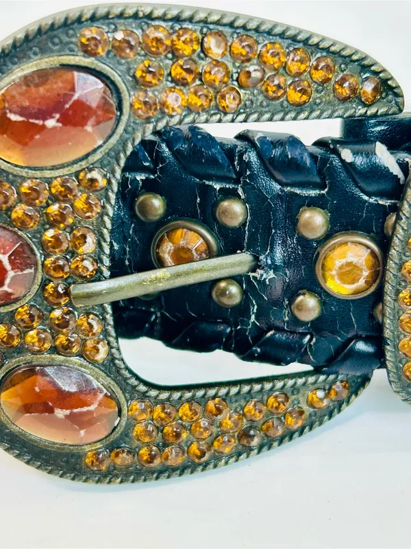 Western Rhinestone Whipstitch Belt with Orange Stones and Black Faux Leather - Image 12
