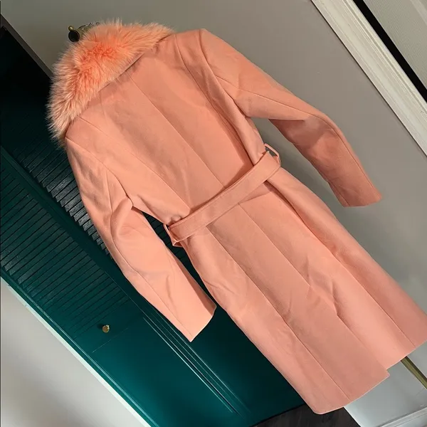 NEW - Dusty Peach Chic removable Faux Fur Collar Coat gold buttons belt pocket - Image 7