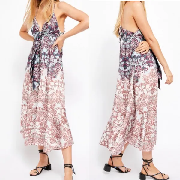 Free People Sun Bleached Maxi Dress Boho Bohemian Floral Chocolate Combo - Image 4