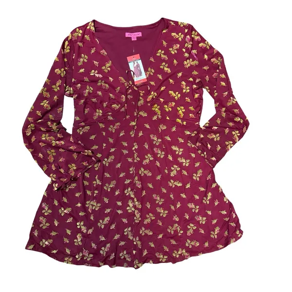 Betsey Johnson Babydoll Dress XL Red‎ Gold Floral Flocked Tie Front Y2K Style - Image 2