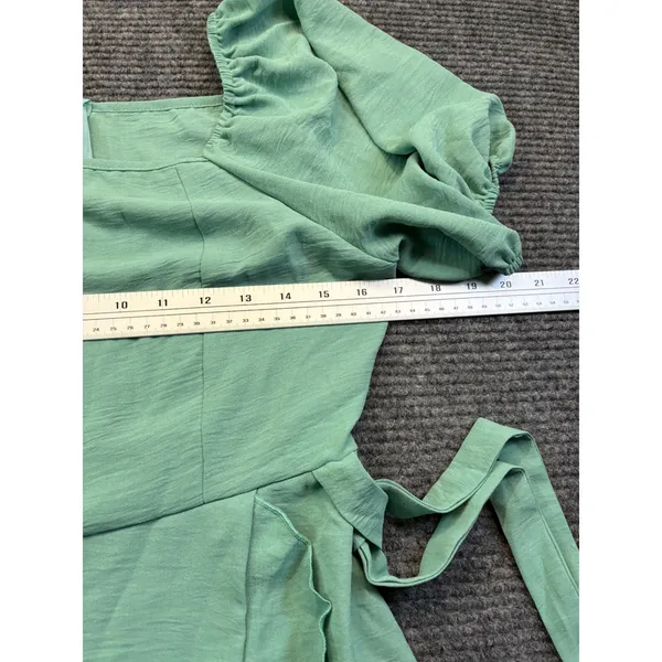 Mint Green Puff Sleeve Ruffle Mini Dress Square Neck Wrap Tie Side‎ Split Large - Image 5