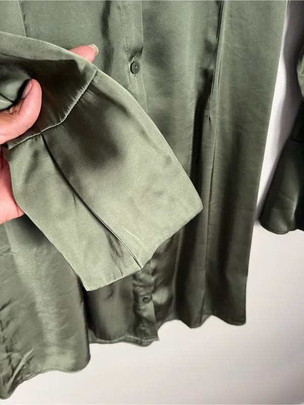 ABERCROMBIE & FITCH Olive Green Satin Button-Front Long Sleeve Mini Dress Sz XS - Image 6
