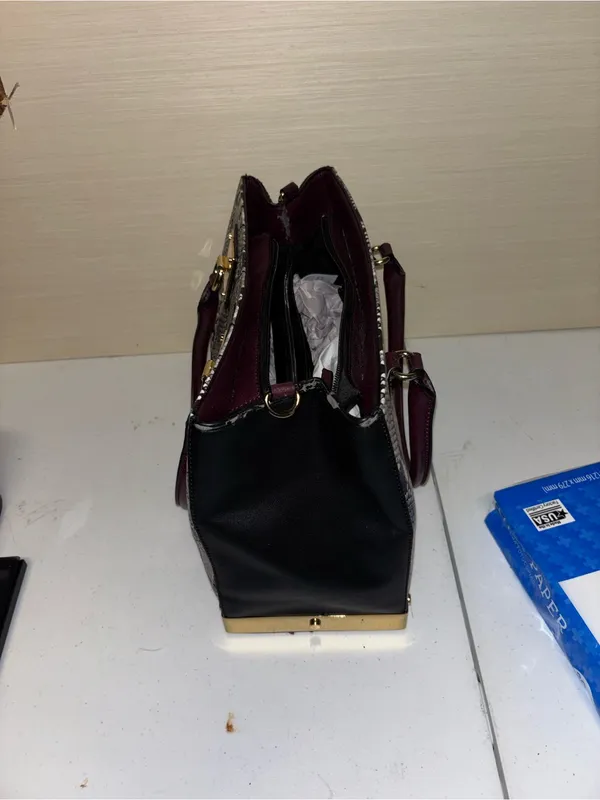 Aldo Black & Cream Python-Print Satchel with Burgundy Handles - Image 2