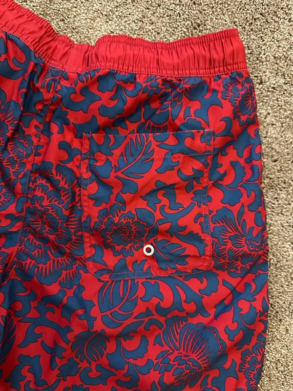 Men’s paisley red and blue swim trunks - Image 3