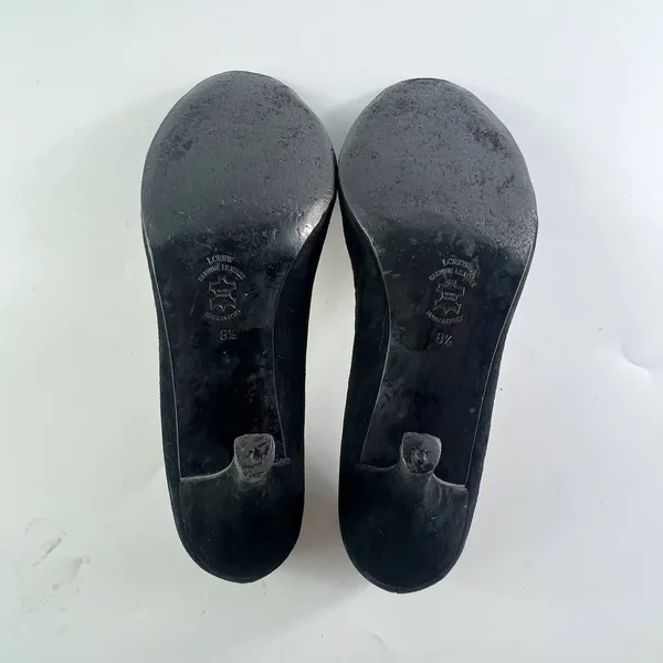J. Crew Vintage Isabella Black Suede Gold Trim Peep Toe Heels Shoes Women 8.5 - Image 9