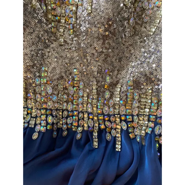 2000s Glow Dress Blue Chiffon Beaded Prom Gown Gold Sequin Formal Strapless S - Image 9