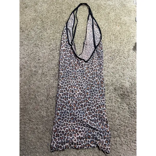 Elegant Moments Leopard Print Halter‎ Chemise Nightgown Deep V Neck Brown Black - Image 4