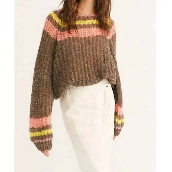 Free People Alpaca Reach for the Stars Sweater Striped Slouchy Boho Casual Large - Image 2