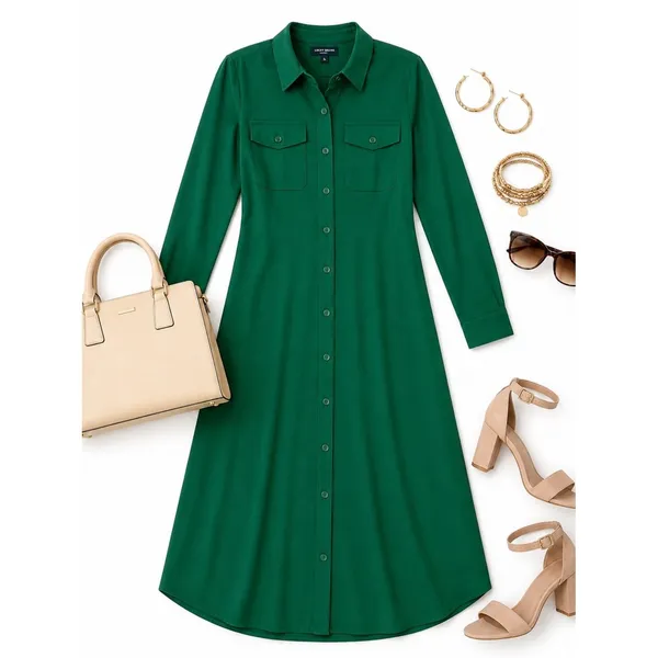 Lucky Brand Jewel Green Satin Shirt Dress XL Utility Long Sleeve Midi Pockets - Image 13