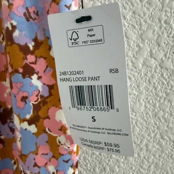 NWT Billabong Hang Loose Pant Pink Abstract Floral Flare Pants Small - Image 7