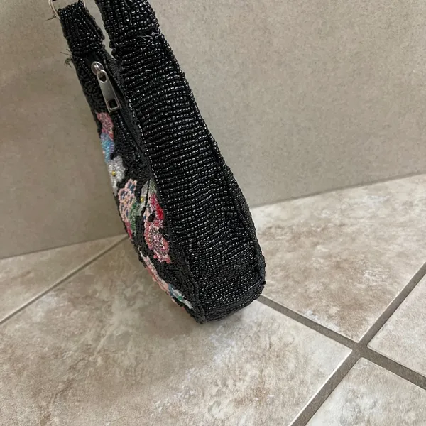 Studio 12 Black Beaded Floral Hobo Shoulder Bag Crescent Y2K Small Purse - Image 3