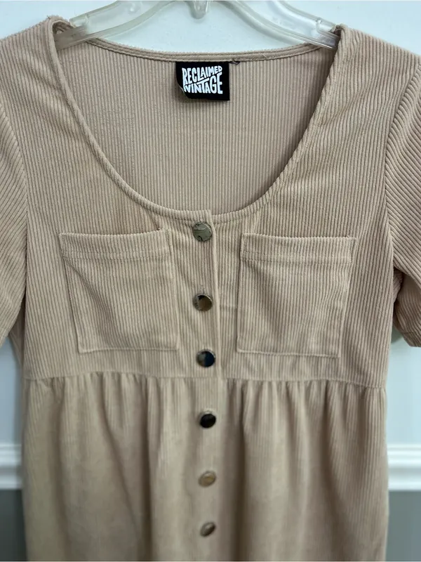 Reclaimed Vintage Brown Tan Ribbed Corduroy Short Sleeve Button Dress Medium - Image 5