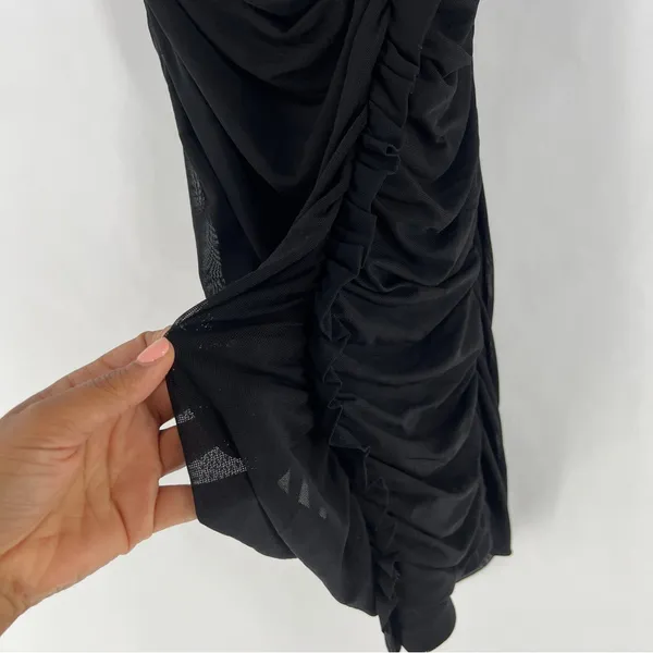 Windsor LBD Black Sheer Mesh Ruched Gathered Strappy Cowl Neck Mini Dress‎ - Image 5