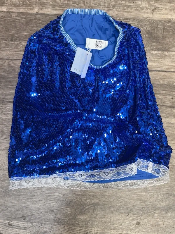 Yousify Royal Blue Sequin Midi Skirt Size S Lace Trim Stretch NWT - Image 3