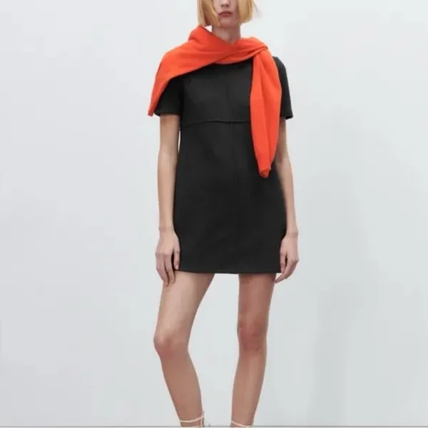 ZARA Dark Gray Short‎ Sleeve Crewneck Cotton Blend Soft Mini Dress Size Small - Image 2