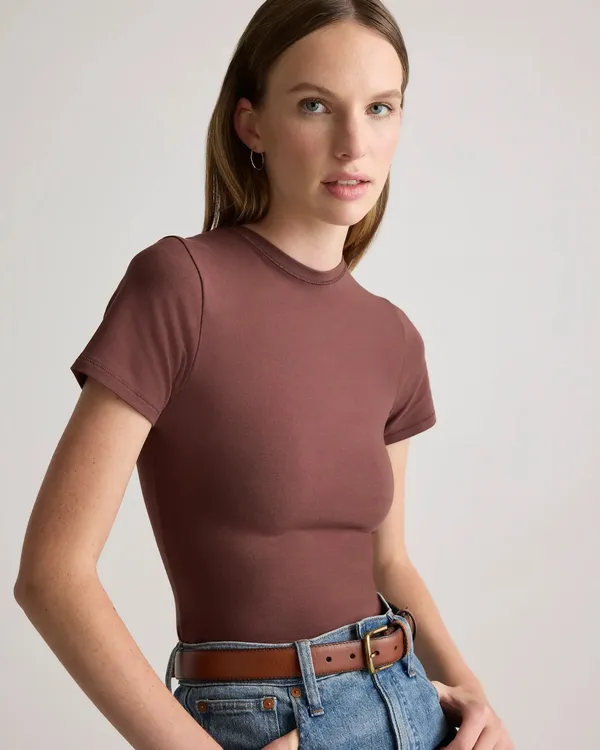 Quince Stretch Cotton Jersey Cropped Fitted T-Shirt - Cocoa - Image 3