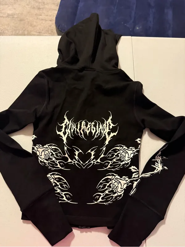 Civil Regime Zip-Up Long Sleeve Small Gothic Tribal Floral Black Womens Hoodie - Image 9