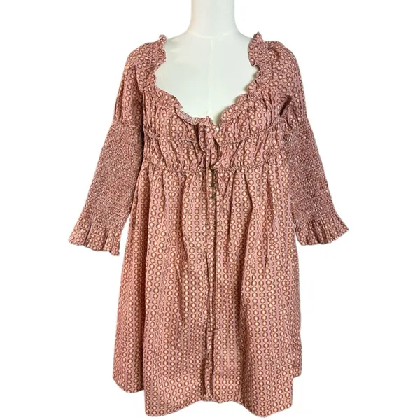 Free People Retro 70s Babydoll Star Dip Mini Dress in Red Combo Size Medium - Image 7
