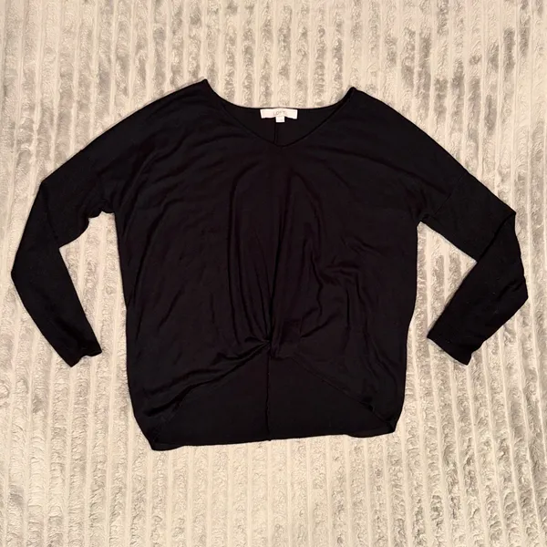 LOFT Womens Small Black V-Neck Twist Front Knot Long Sleeve Knit Top High Low - Image 2