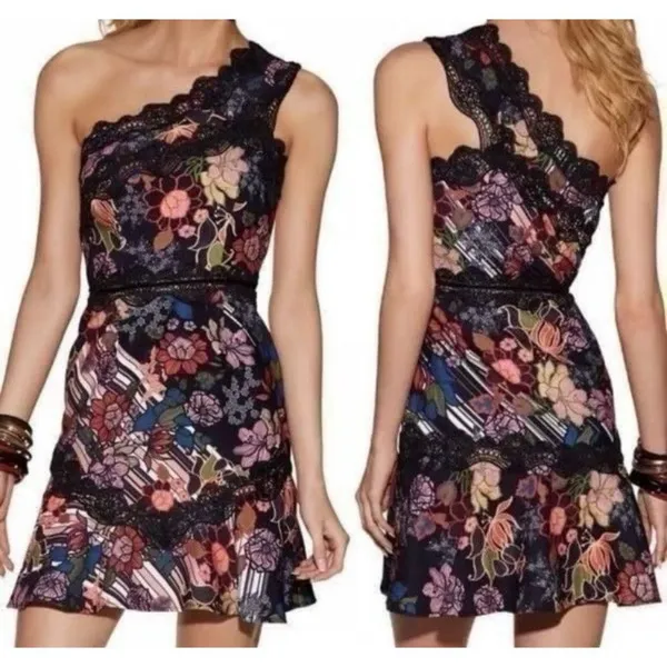 Foxiedox Boston Proper Red Black Lace Floral One Shoulder Mini Dress Size‎ 12 - Image 2