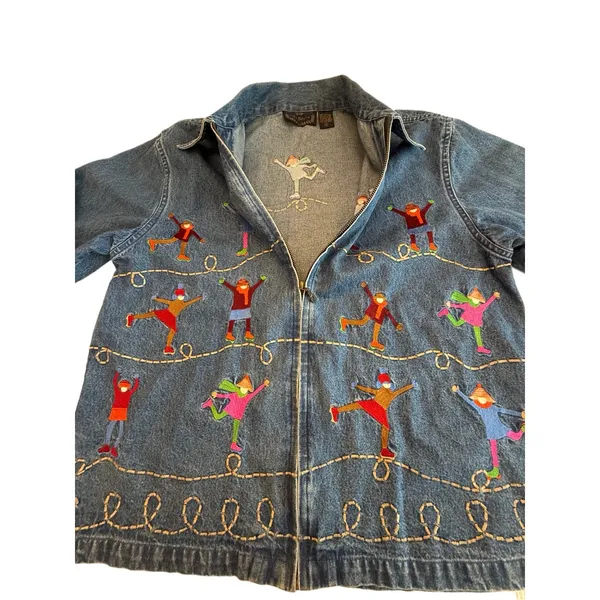 Embroidered Novelty Shacket Ice Skaters Denim Jacket Winter whimsical Teacher M - Image 2