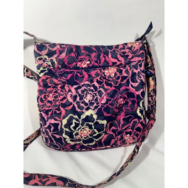 Vera Bradley‎ Crossbody Bag Quilted Floral Zipper Pockets Boho Navy Pink 11x11" - Image 2