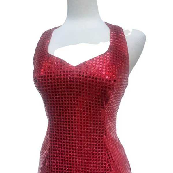 VTG Y2K Sequin Cocktail Mini Dress XS Red Metallic Sweetheart Racerback 90s Glam - Image 2