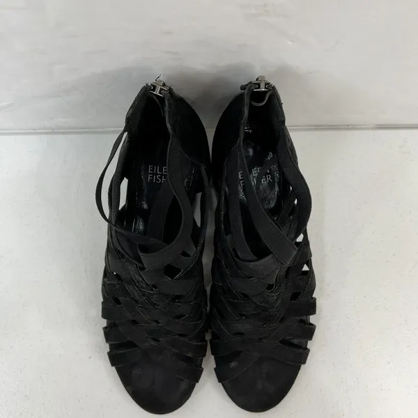 Eileen Fisher 6 Oodle Black Criss Cross Sandal Wedge Nubuck Leather Stacked Heel - Image 7