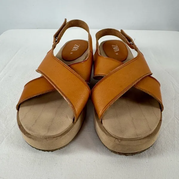 Zara Leather‎ Criss Cross Strap Sandal in Brown Size 6 or 36 - Image 4