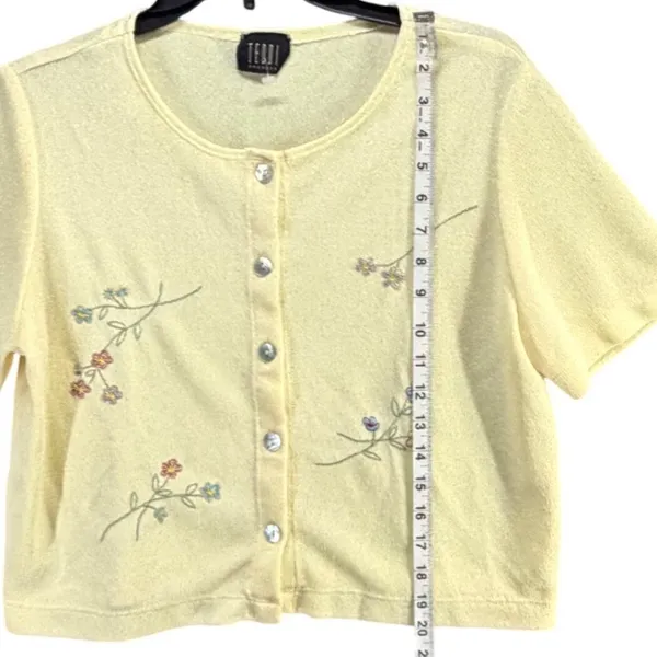 Vintage Teddi Cardigan Top Womens M Yellow Floral Embroidered Cottage Dainty - Image 9